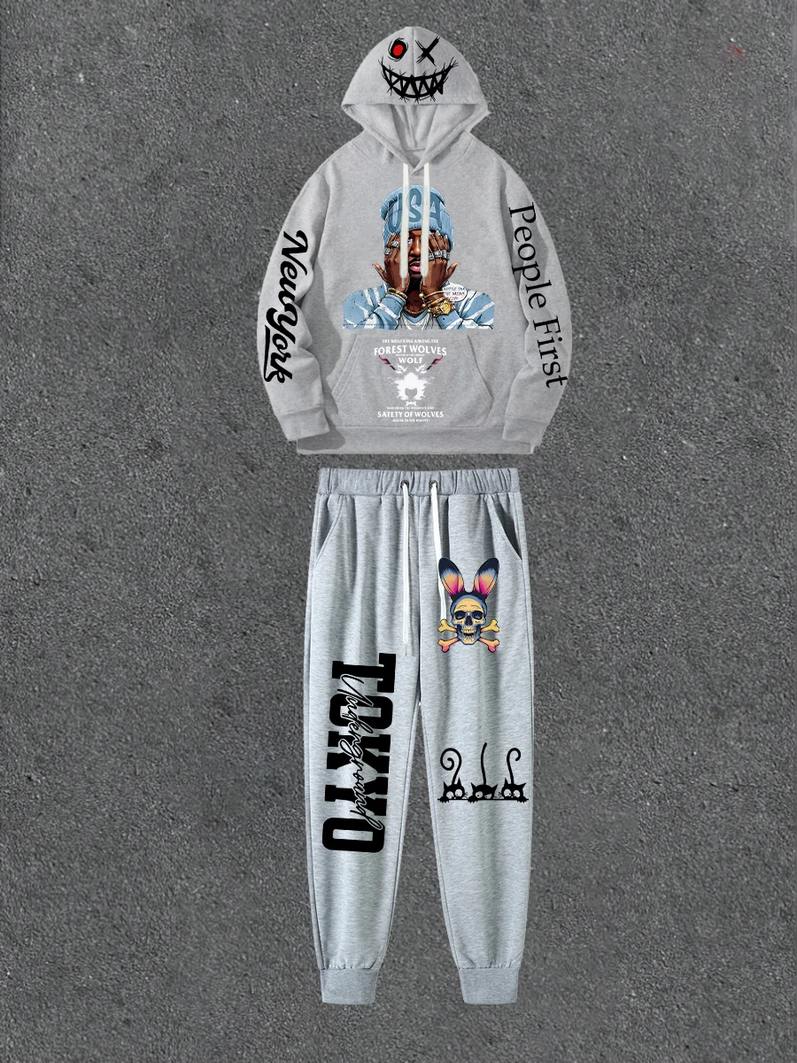 

Gray Double-sided Printed Hoodie Paired With Printed Casual Pants Loose Hoodie Street Style Outfit With Casual Pants