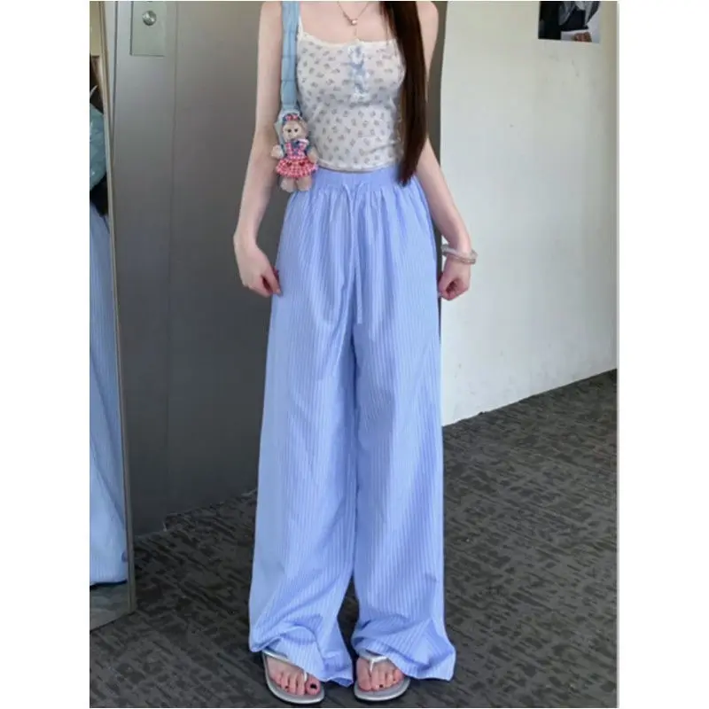 Blue vertical striped casual pants women's summer slim slouch walking pants straight pants loose wide leg mop pants