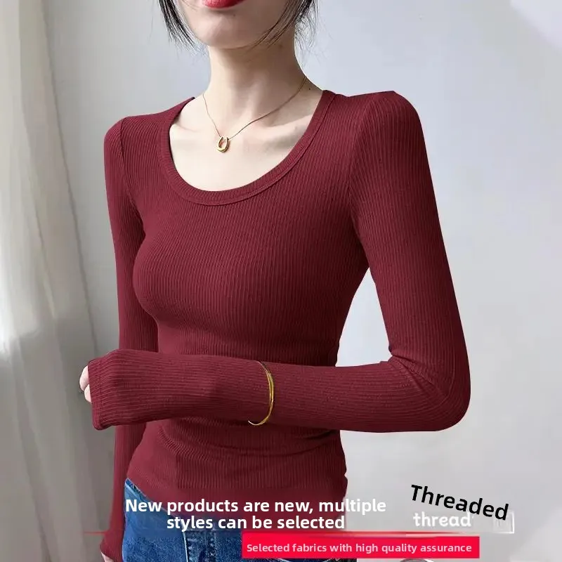 Camisa básica de manga larga ajustada para mujer, camiseta de estilo fino con cuello redondo, ropa interior con efecto ceñido, fibra de poliéster a la moda para primavera