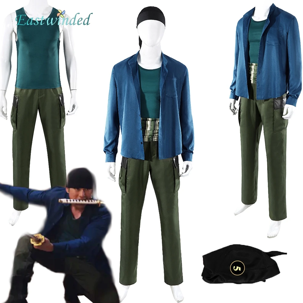 

Live Action TV Pirate S2 Zoro Cosplay Blue Jacket Costume Headscarf Clothes Outfits Adult Men Disguise Halloween Carnival Party