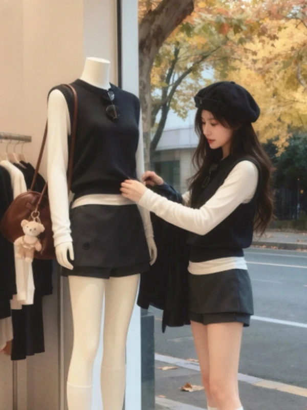

Korean Style Women's Early Autumn Three-Piece Set Back Hollow out Vest Base Shirt Half Skirt Pants Warmth Clothing Ensemble