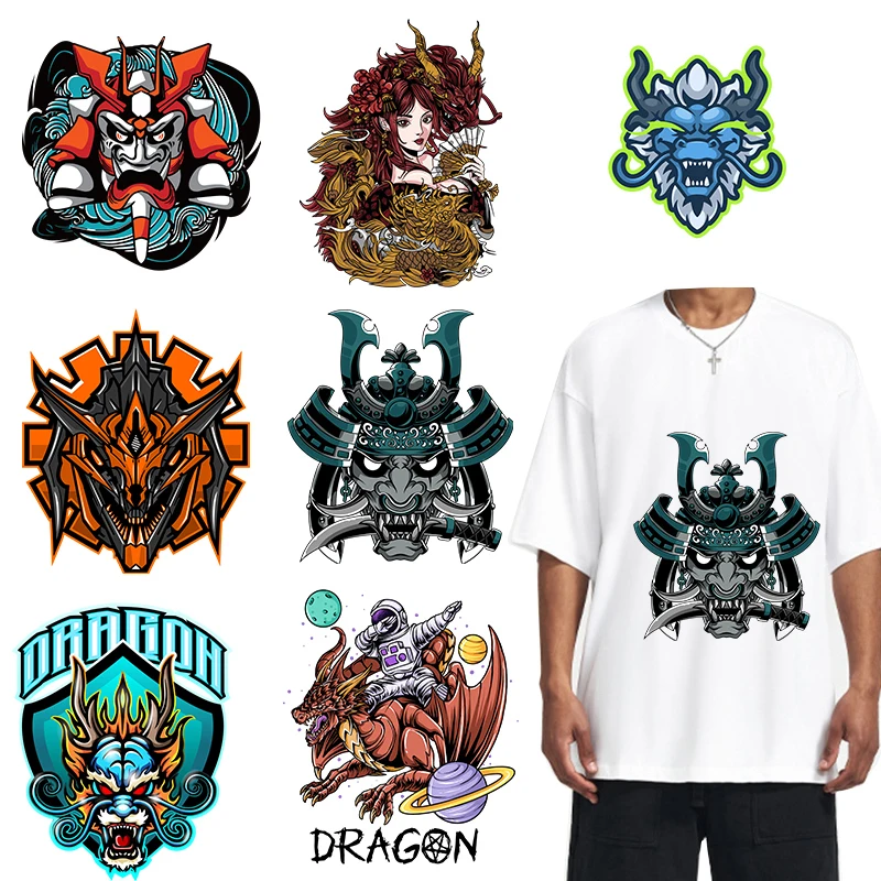 Japanese style DTF heat transfer Samurai Kohime DIY men's and women's clothes decorated with vinyl stickers Dragon Patches