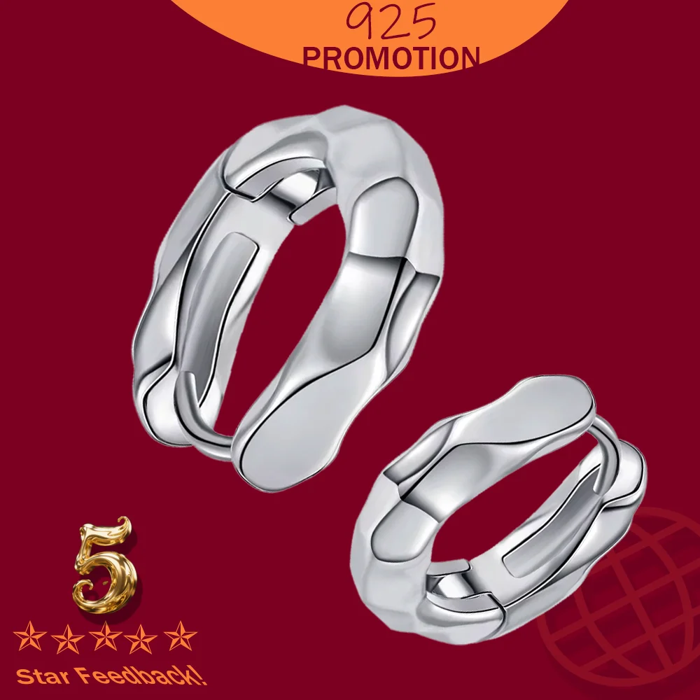 

Stamp 925 Sterling Silver Geometric Ear Buckle Trendy Jewelry pendientes Metal Texture Irregular Circle Hoop Earrings for Women