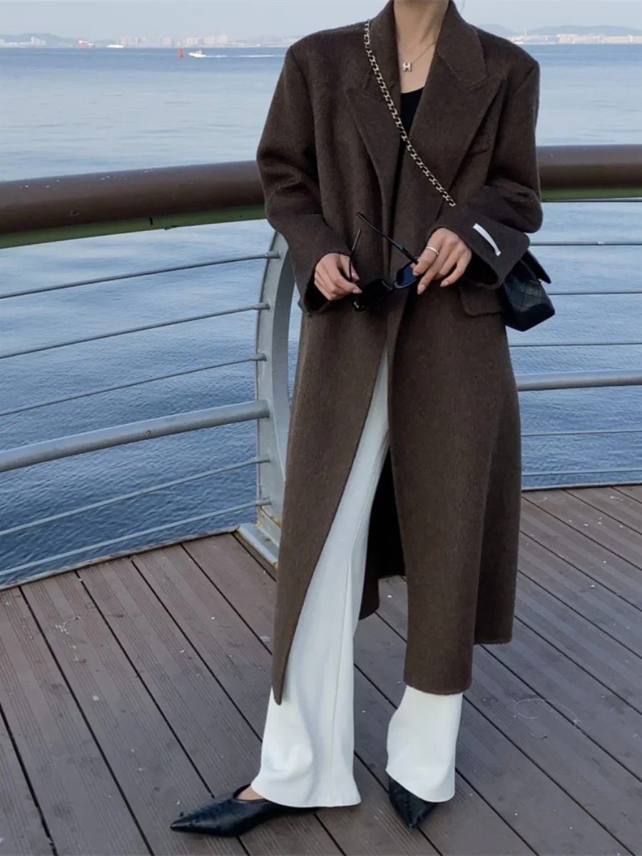 Doppelseitiger Kamelwolle-Camere-Mantel für Damen, mittellang, lockere Passform, gerade gestreifte Wolloberbekleidung, koreanische Sle Commute