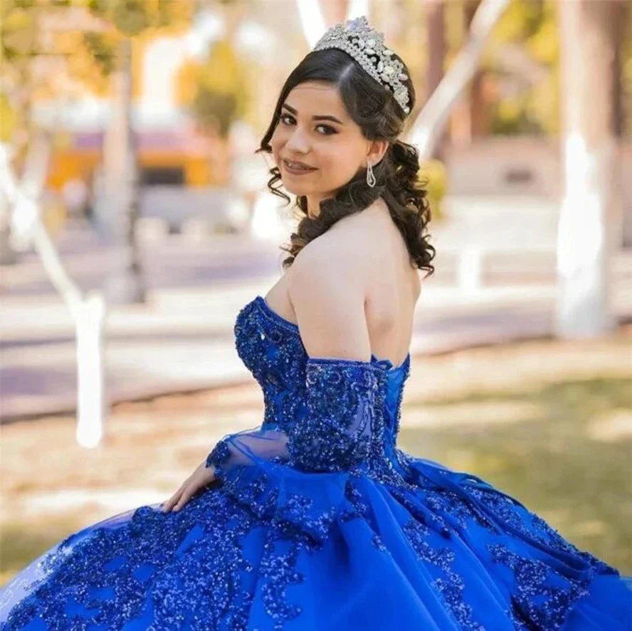 Gaun putri quineanera biru Royal antik Vestido De 15 Anos berkilau berpayet gaun pesta ulang tahun Cinderella