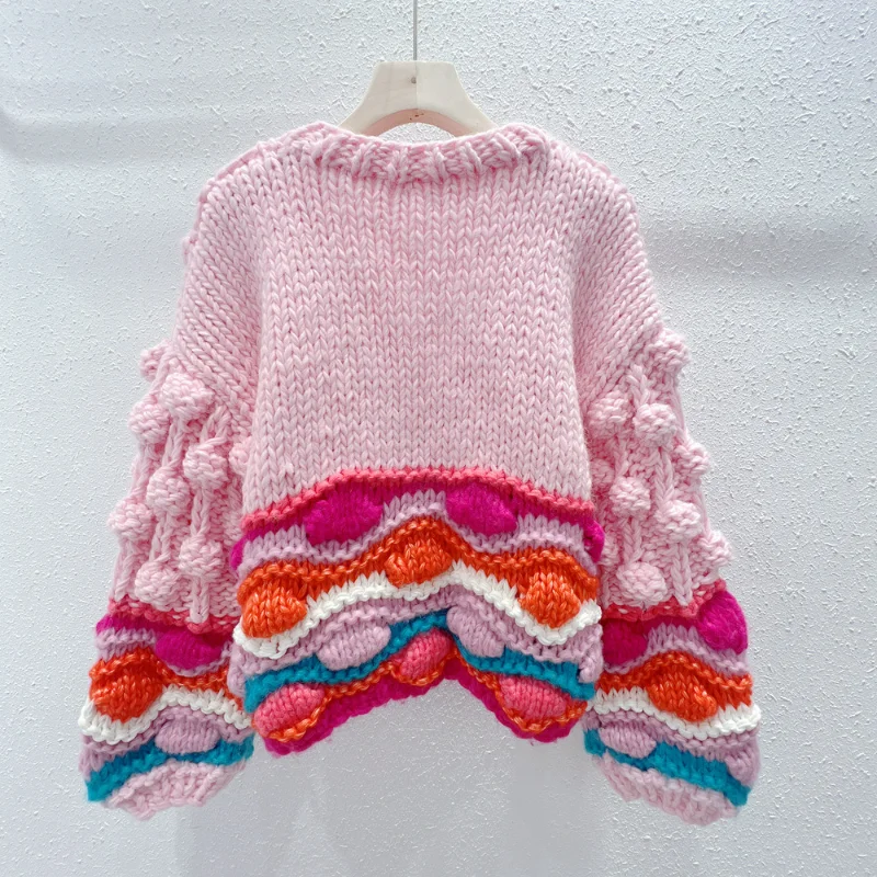 Autumn Winter V-neck Knitted Cardigans Pink Sweaters Girly Heart Sweet Thick Handmade Contrast Color Jacket Crochet Flowers Coat