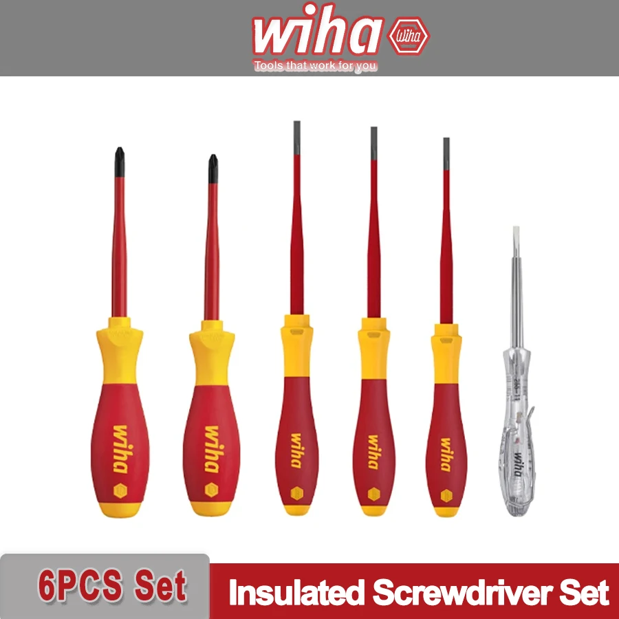 WIHA 6 PCS Insulated Screwdriver Set 1000V VDE with SoftFinish Handle Phillips Slotted with Voltage Tester Pen 90012C 6PCS SET