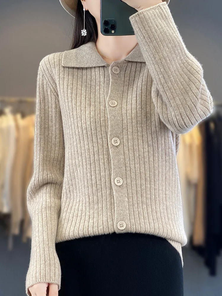 Women Polo Neck Cardigan 100% Merino Wool Sweater Spring Autumn Winter Soft Comfortable Shirt Lady Cashmere Knitwear Clothing