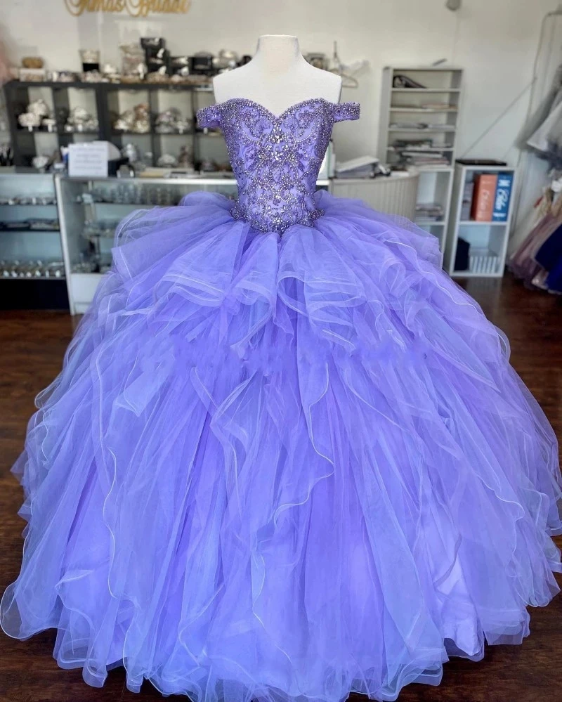 ANGELSBRIDEP-Robes de Quinceanera Sweet Lavender 16, jupe à volants perlés, robe de Rhcorset, robe de Rhpersonnalisée, 15 ans