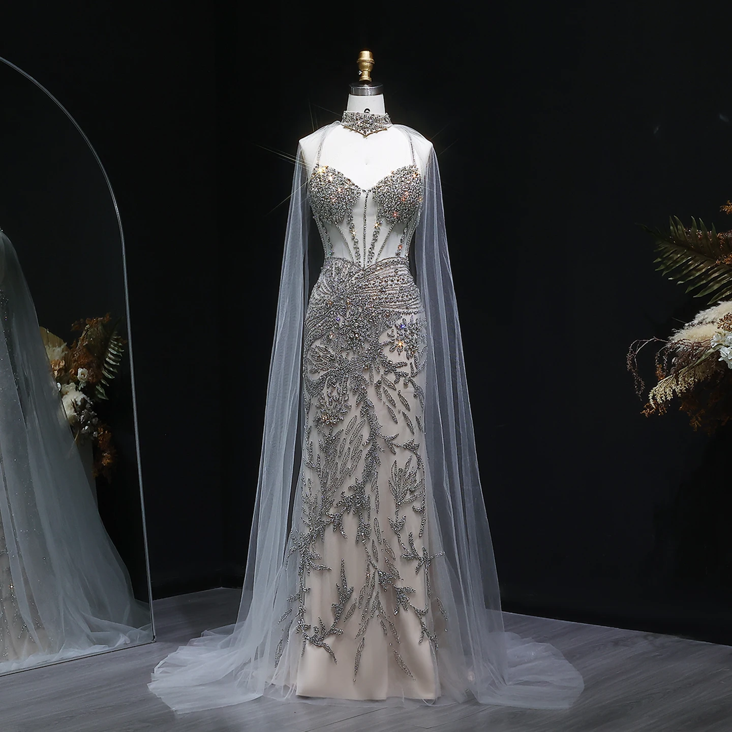 Sharon Said Luxuriöses Champagner-Abendkleid mit Cape-Ärmeln und Spaghettiträgern für Damen, Hochzeit, Party, Ballkleid SS071, Maßanfertigung – Detail 3