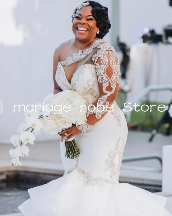

One-shoulder Mermaid Long Wedding Dresses Sparkly Crystal Ruffles Train Customsized African Bridal Dress vestido de novias