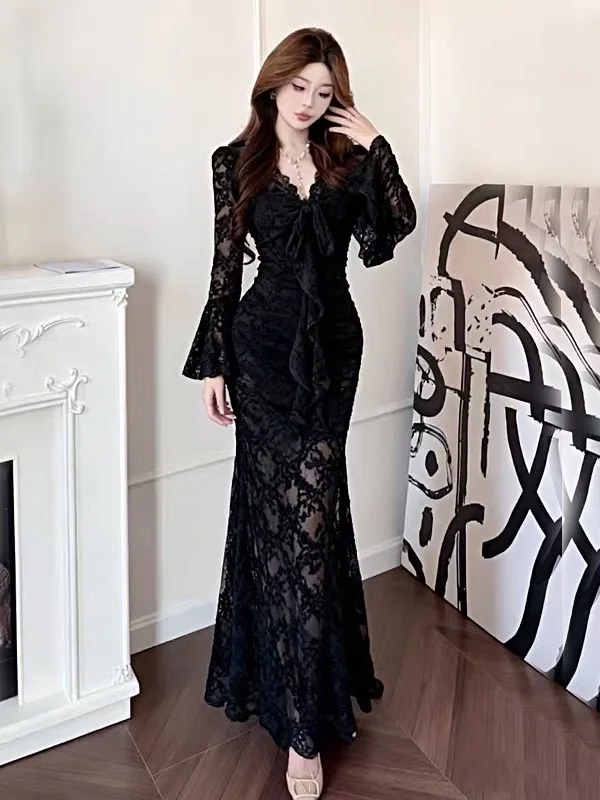 Sexy Spicy Girl Long Sleeve Lace Trim Bodycon Dress V-neck Spring New Style Fish-tail Long Dress High Waist Korean Style 2