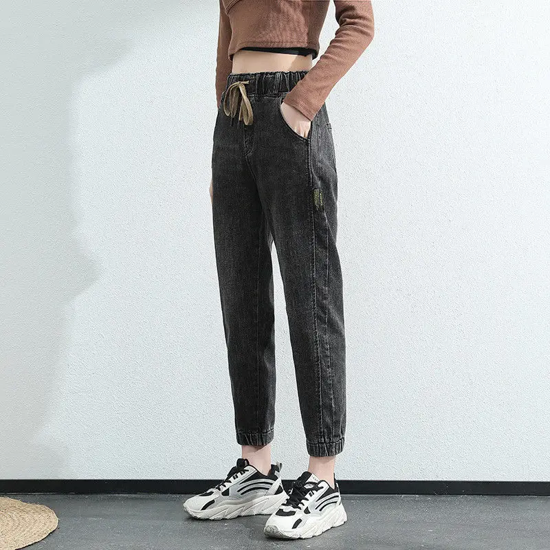 Women Autumn Korean Simplicity Loose Solid Color High Waist Harem Ladies Fashion All-match Appear Thin Cowboy Cropped Pants