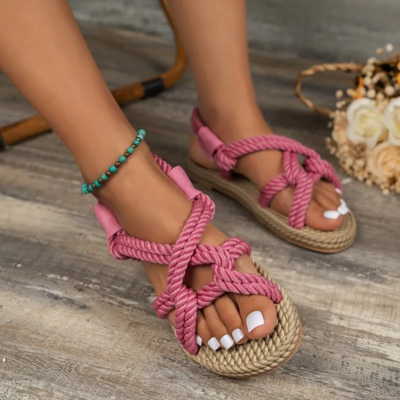 

Women Flat Sandals Summer Rope Strappy Open Toe Slip On Casual Beach Shoes Comfortable Walking Outdoor