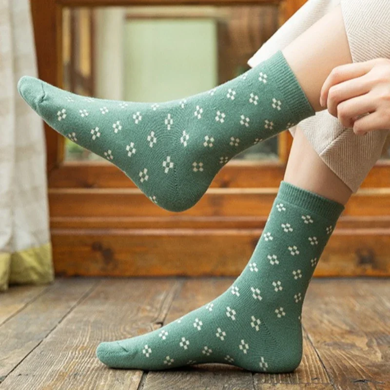 6 paires de chaussettes mi-longues pour femmes, Style artistique quatre saisons, plante fleur, décontractées et confortables, à carreaux, polyvalentes
