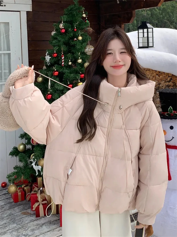 Parkas con capucha de color rosa dulce para mujer, abrigos gruesos y cálidos informales con cremallera, abrigos acampanados elegantes que combinan con todo, Tops holgados con cordones y cuello levantado