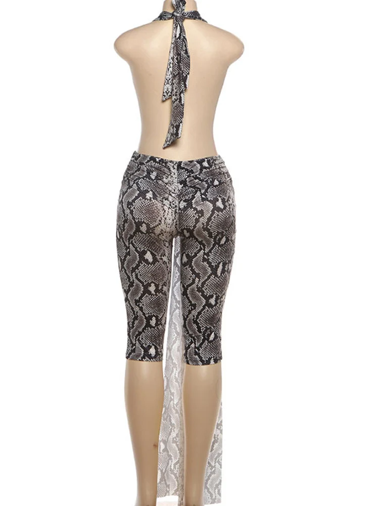 Kricesseen Sexy Deep Plunge Halter Snake Print Rompers For Women Sexy Backless Fitted Playsuits With Long Straps Night Out Wear
