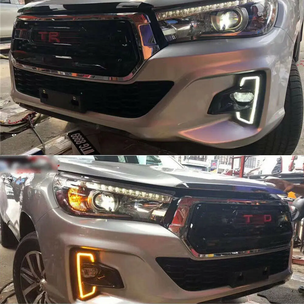 LED Daytime Running Light with turn yellow amber signal + fog light lamp kit For Toyota Hilux Revo Rocco 2018 2019