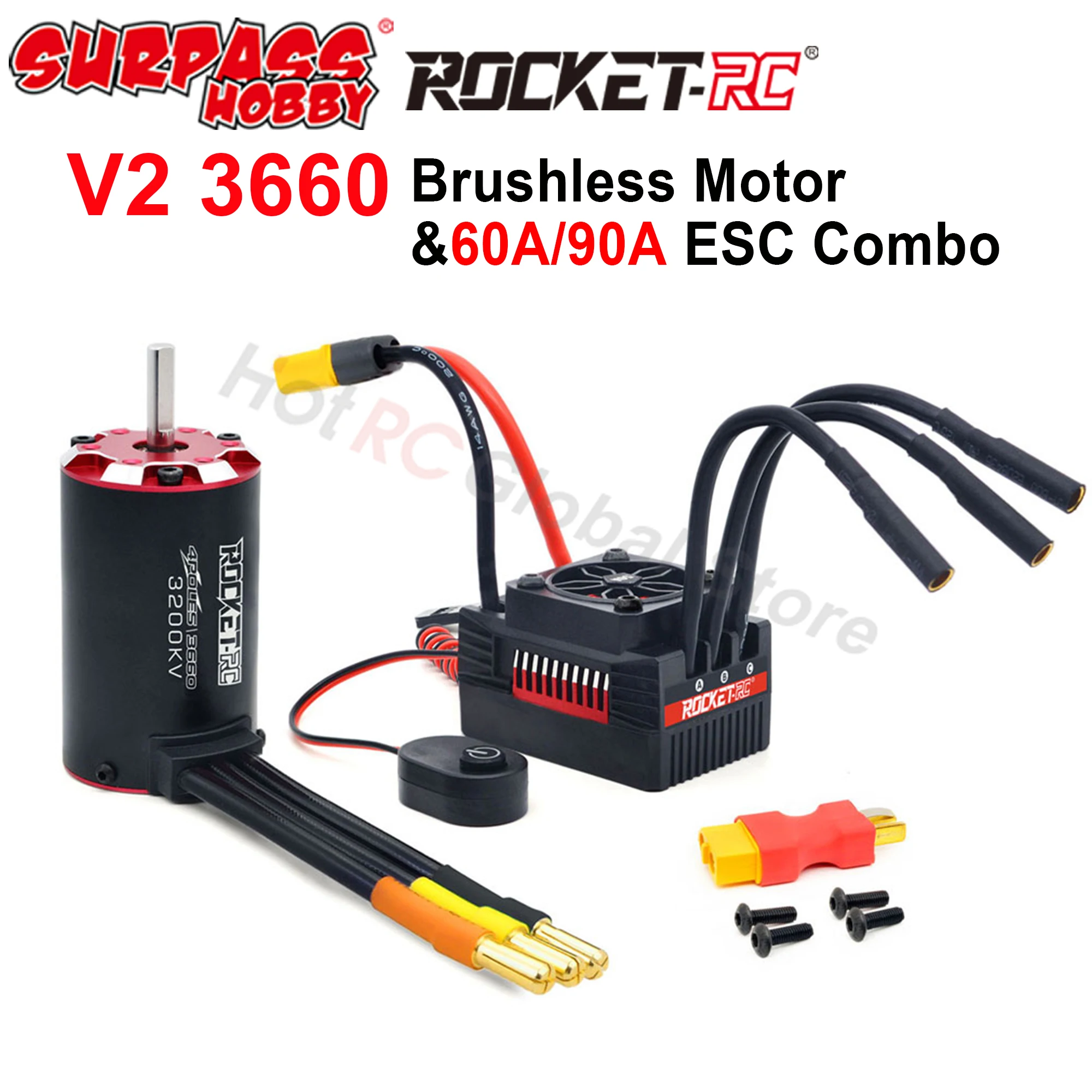 Surpass Hobby Rocket Supersonic V2 Waterproof 3660 Brushless Motor 90A 60A ESC Combo for 1/8 1/10 RC Car Boat Tank Vehicle