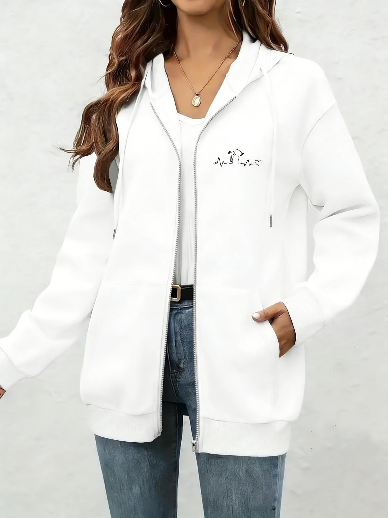 Cute Niche Jacket, Zip-Up Sweatshirt with Cat Heartbeat Line Print, Loose Drop-Shoulder Hooded Cardigan, Cute Niche Versatile Everyday Jacket, Early Autumn Outing Outfit, Women's Clothing