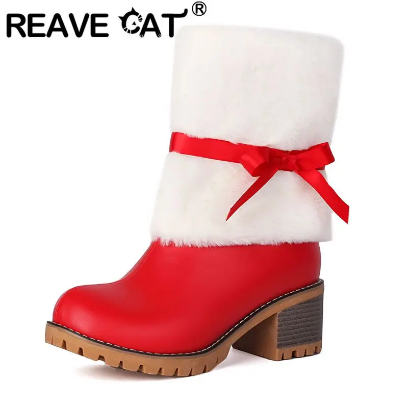 REAVE CAT 2024 New Sweet Girls Winter Boots Round Toe Block Heels 5cm Bowknot Lace Up Big Size 41 42 43 Mixed Color Casual Bota