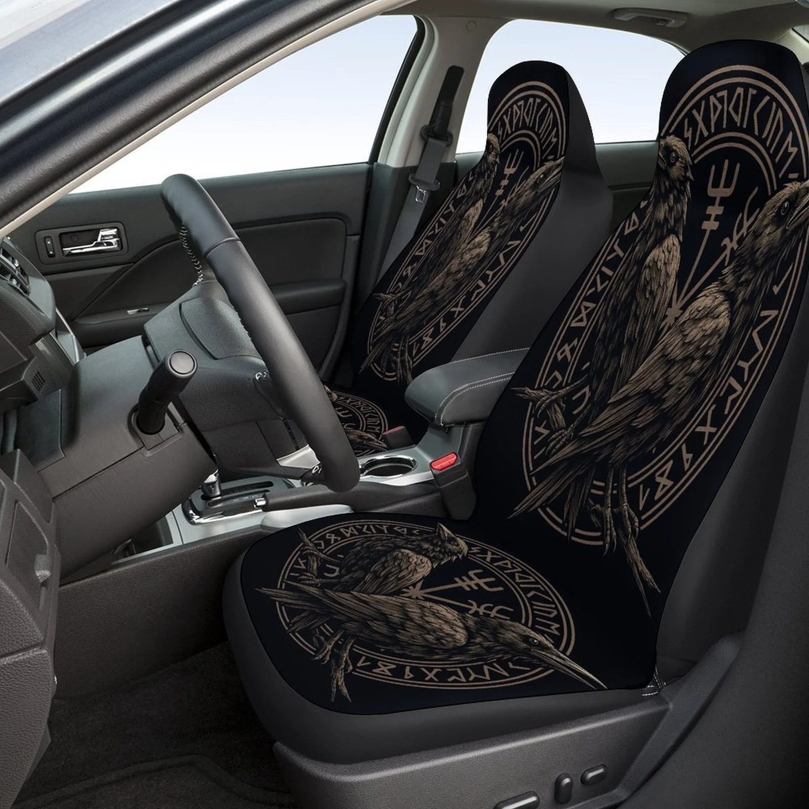 Viking Raven Circle Emblem Designed Car Seat Cover Set For Most Cars, High-quality Comfortable Car Seat Protector Covers Full Se