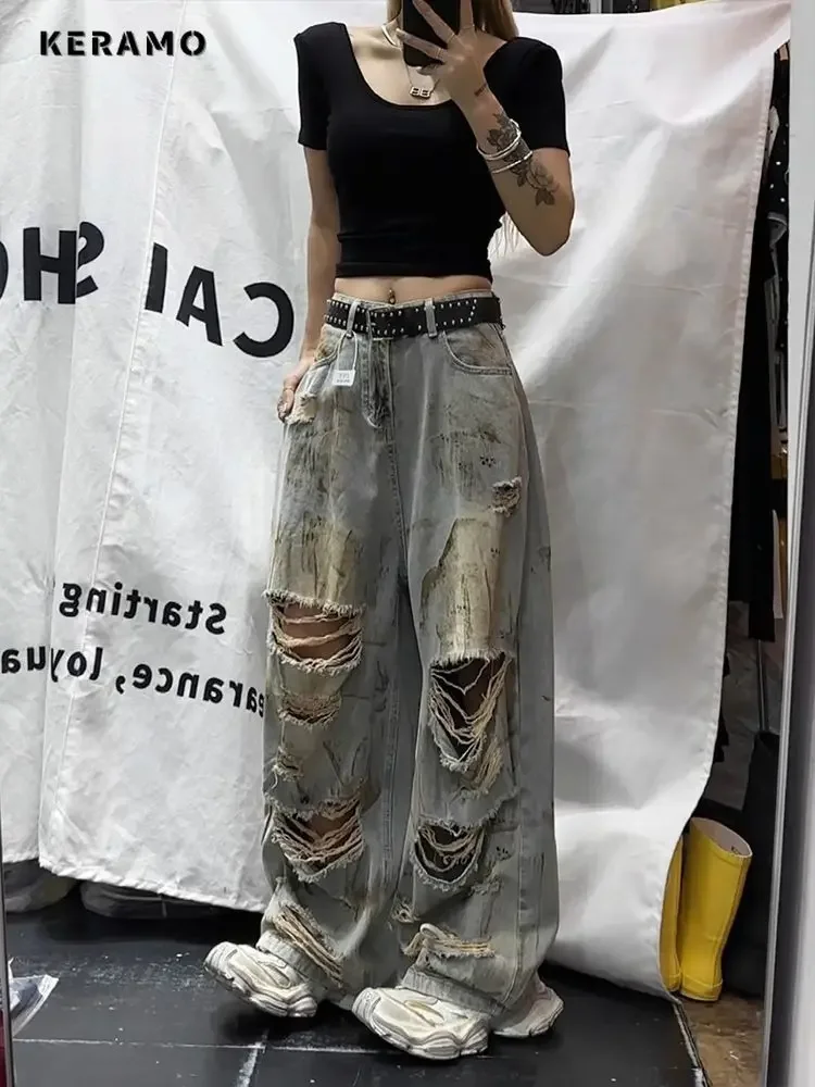 

Vintage Distressed Straight-leg Jeans American Style Slimming Bell Bottoms Loose Fit High-waisted Summer Thin Version For Women