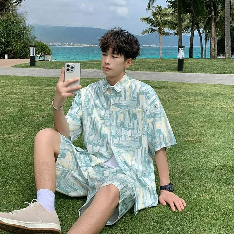 Summer Flower Shirt Set Men Quick-drying Short-sleeved Home Travel Wear Couple Two-piece Set Temperament Fashionable Comfortable