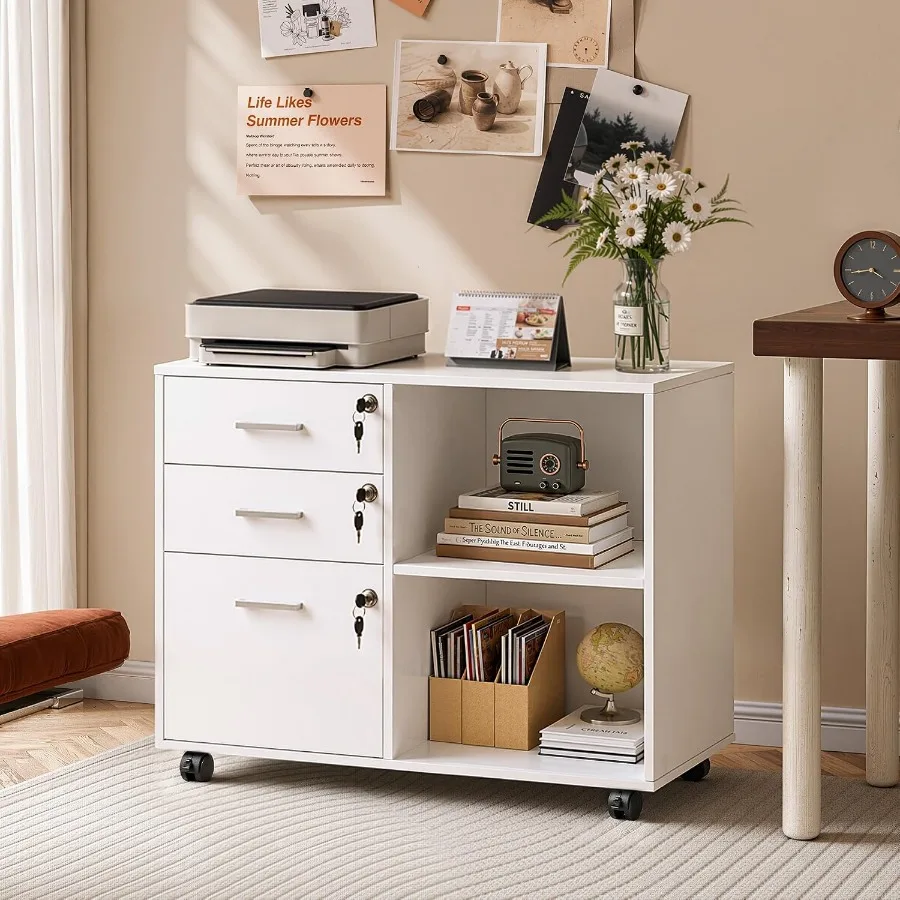 3-Drawer File Cabinet with Lock, Mobile Wood Filing Cabinet