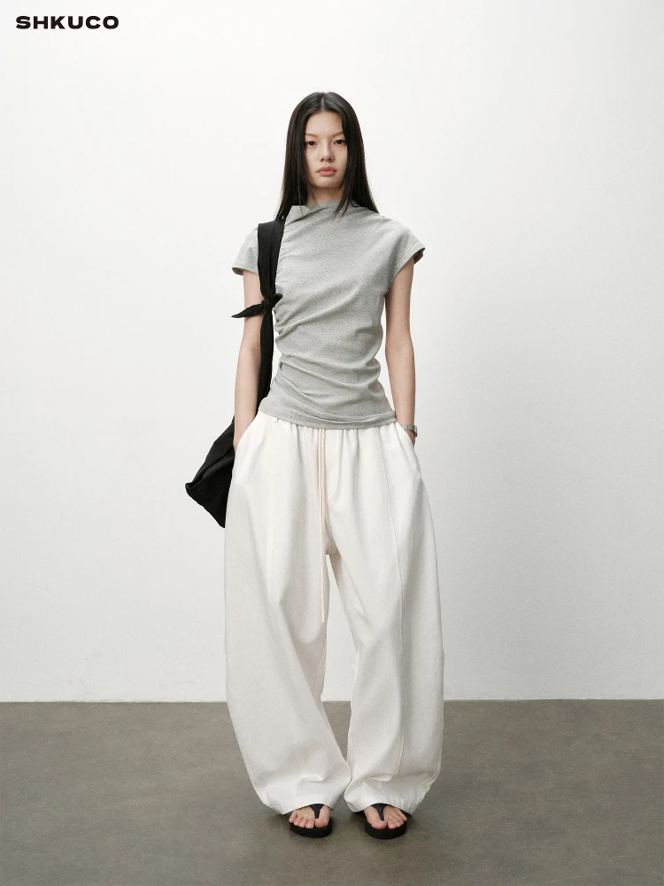 

KUCO Deconstructed Body Slim Fit High Elastici ort Sve Knitted T-irt Commute Sle Pure Color Cotton Fly Sve