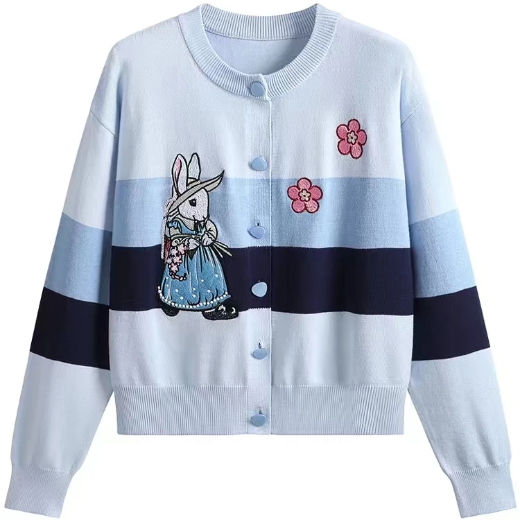 Blue Cartoon Embroidered Sweater Cardigan Women Sweet Fashion Loose Ladies Knitwear Long Sleeve Single-breasted Jumpers Tops