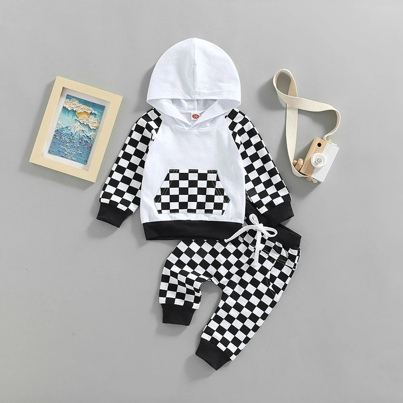 2022-07-01 Lioraitiin 0-4Years Girl Boy Outfit 2Pcs Set Plaid Long Sleeve Hoodie with Pockets Elastic Drawstring Waist Pants