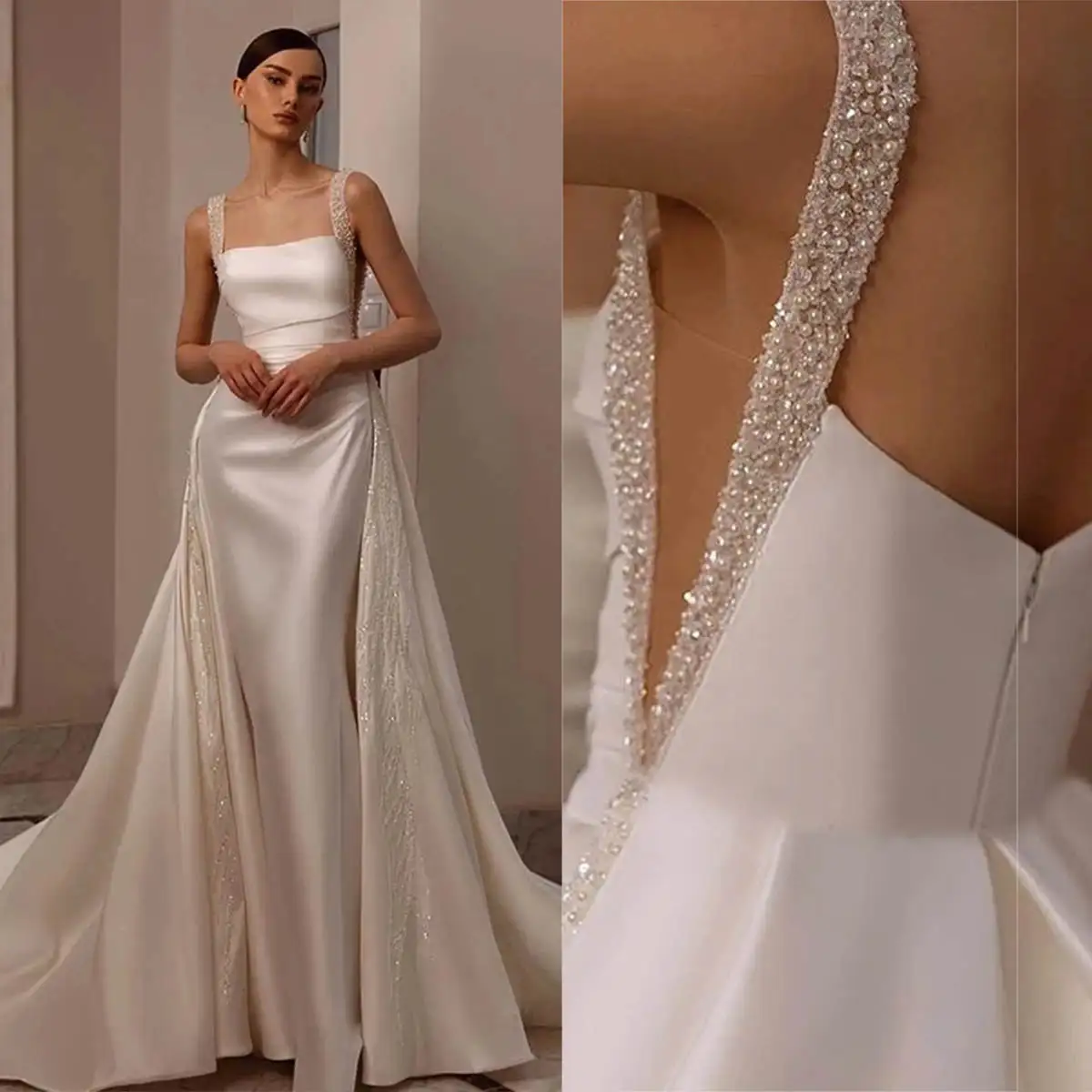 Elegant Magnificent Mermaid Wedding Dresses Wide Straps Shiny Pearl Beading Bridal Gown Sweep Train Vestido De Noiva Customized