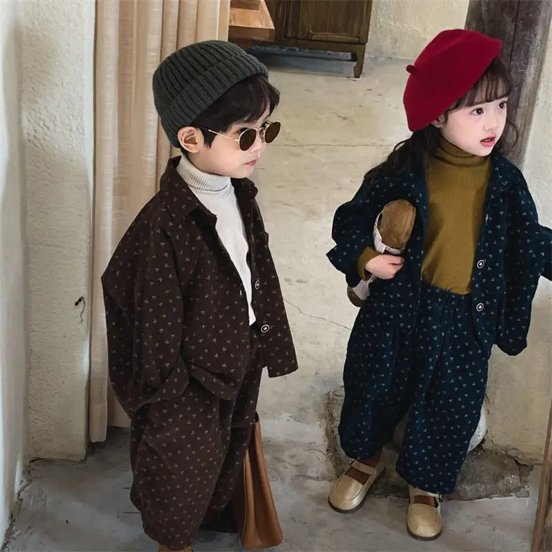 Boys and Girls Spring and Sutumn New Vintage Corduroy Cardigan Jacket Straight Leg Pants Set Baby Stylish Two-piece Set Trendy