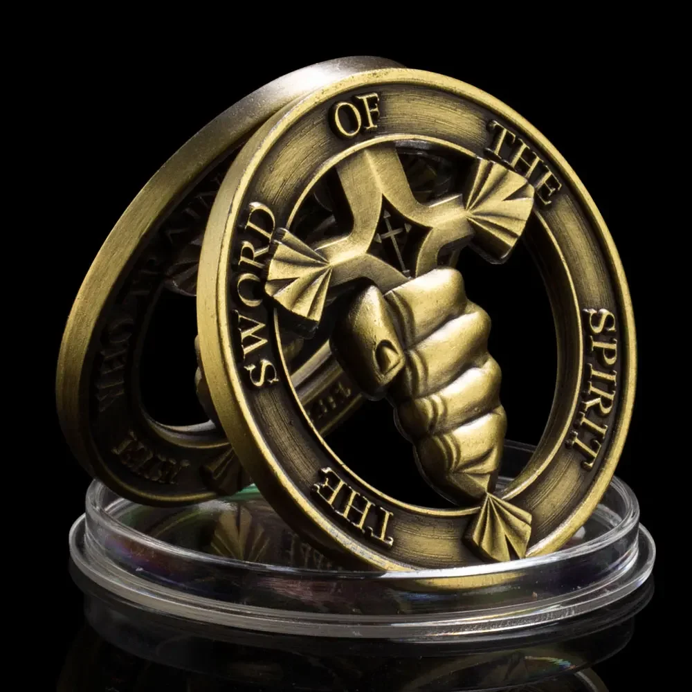 The Sword of The Spirit Souvenir Coin Piercing Bronze Plated Challenge Coins Who Trains My Hands for War Commemorative Coin