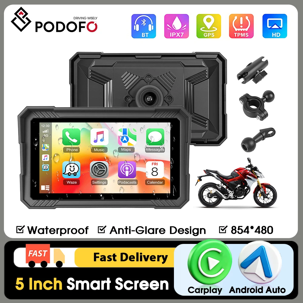    Podofo 5/7 Zoll Bildschirm, kabelloses Carplay, Motorrad-GPS-Navigation, Smart Player, unterstützt Android Auto, Reifendrucküberwachung, IP67 wasserdicht, Rekorder