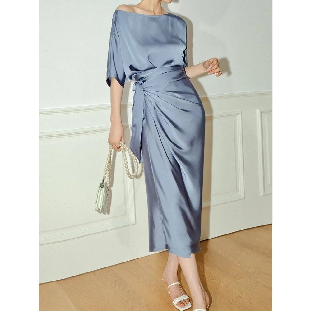 

Customized Blue Satin Mother of Birde Dresses 2026 for Women Wedding Boat Neck A-line Evening Dress Tie Waist Prom Party Gown