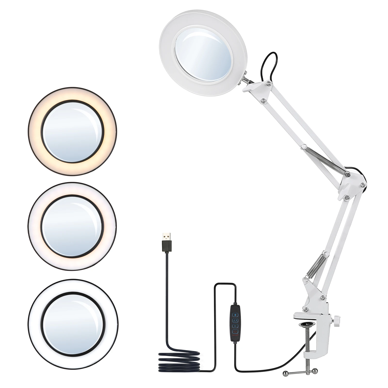 

Flexible Clamp-On Table Lamp with 8x Magnifier Glass, Swing Arm Dimmable LED Desk Light - 3 Color Modes for Precision Work