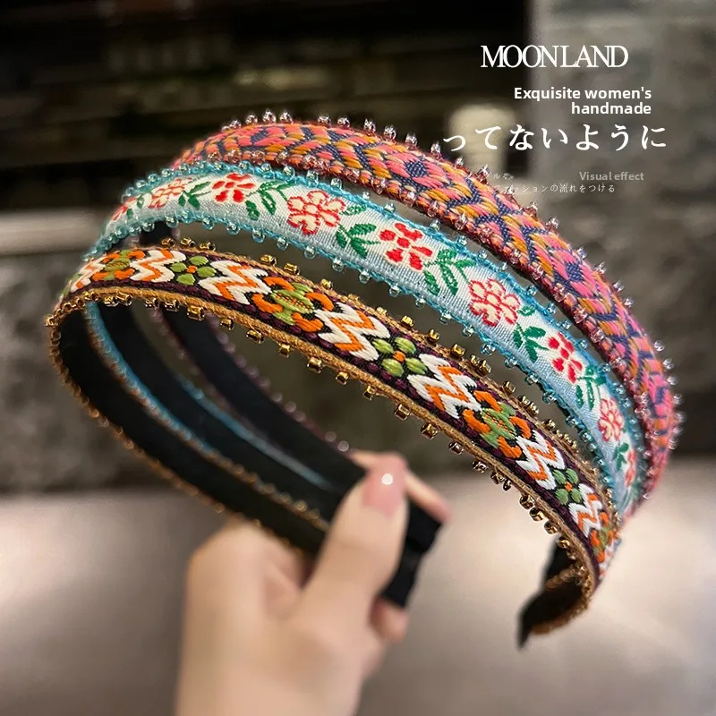 

Retro Ethnic Embroidered Beaded Hairband Fine Face Wa Hair Clip Faionable Original Design Circular Hairband for All ...