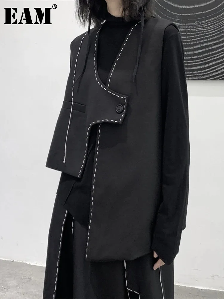 [EAM] chaleco Irregular informal cosido negro holgado para mujer nuevo cuello en V sin mangas moda tendencia primavera otoño 2024 1DF1072