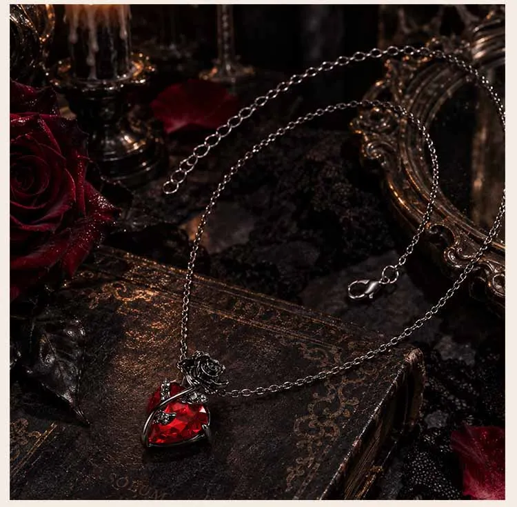 Schwarze Rosen-Herz-Halskette für Damen, Halskette mit rotem Kristallblumen-Anhänger, romantischer Punk-Stil, Schmuck, Valentinstagsgeschenk – Detail 4