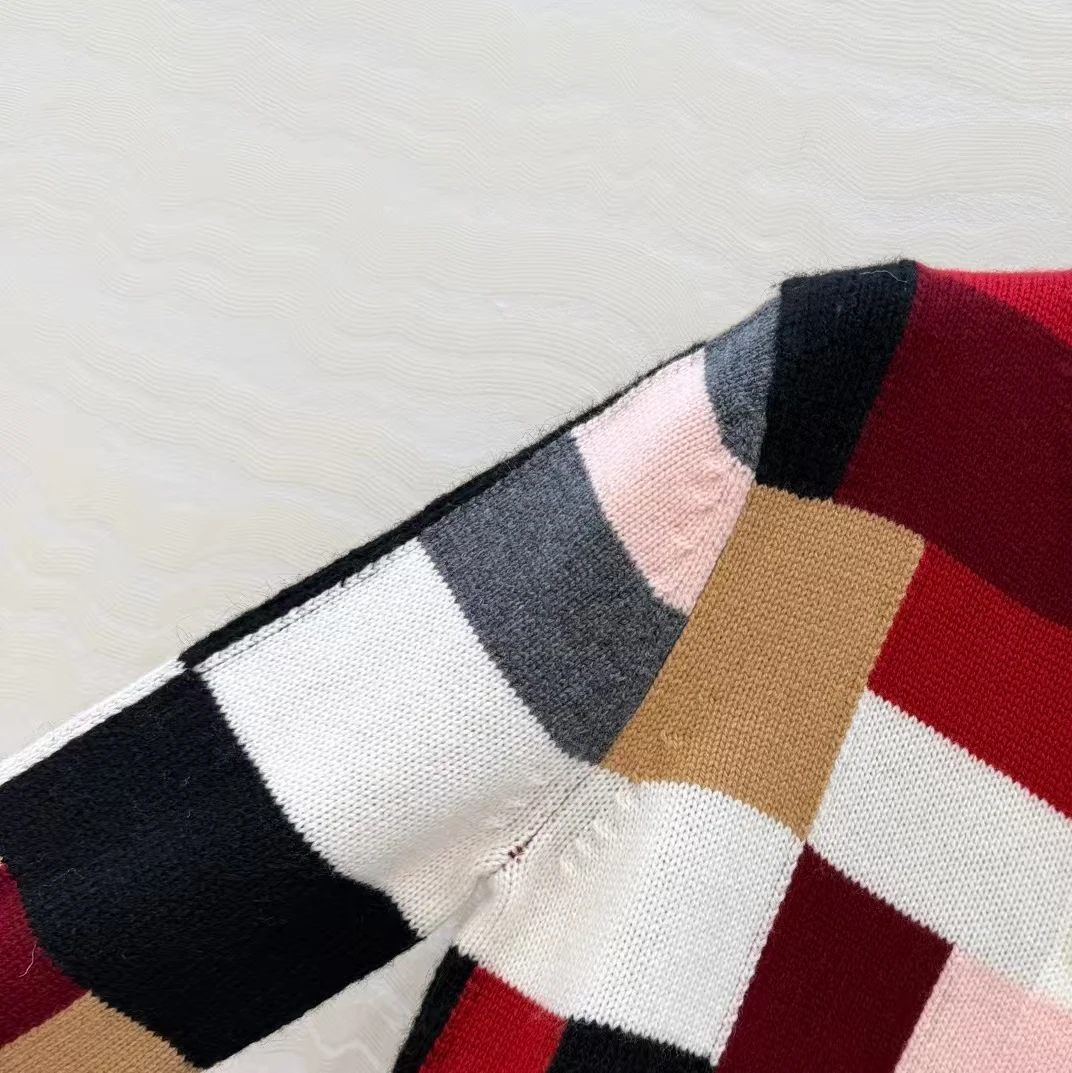 Early autumn new block color blocking college style round neck long sleeved cashmere cardigan jacket women's top