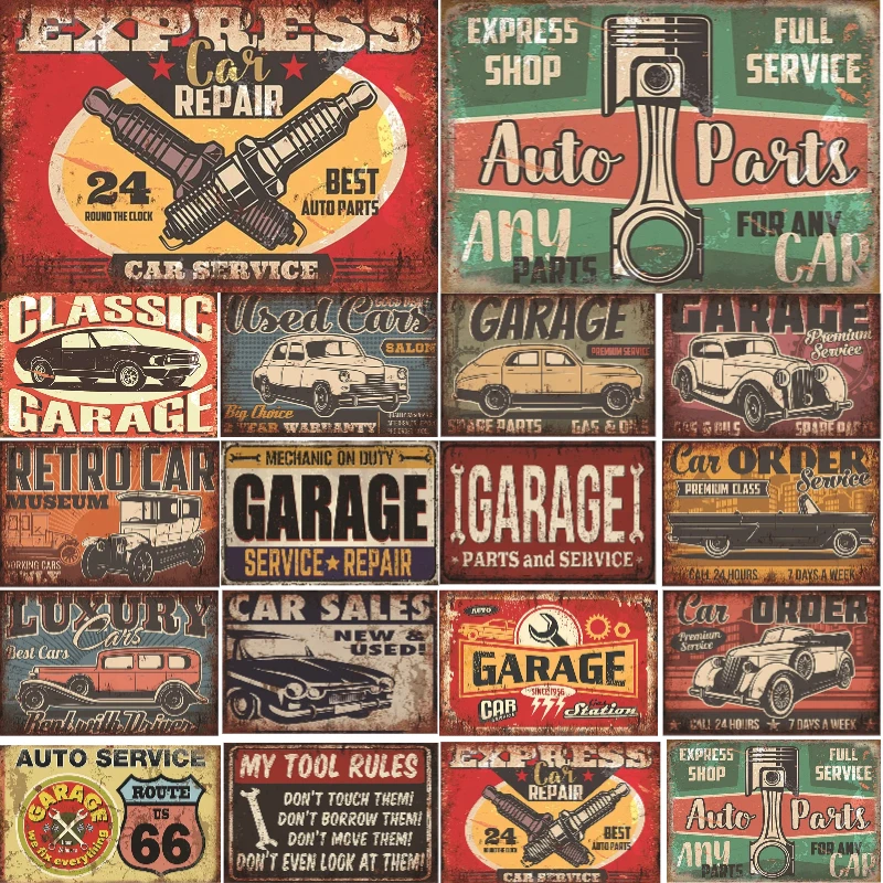 Retro car repair garage metal signage background decoration, iron sheet industrial style decoration