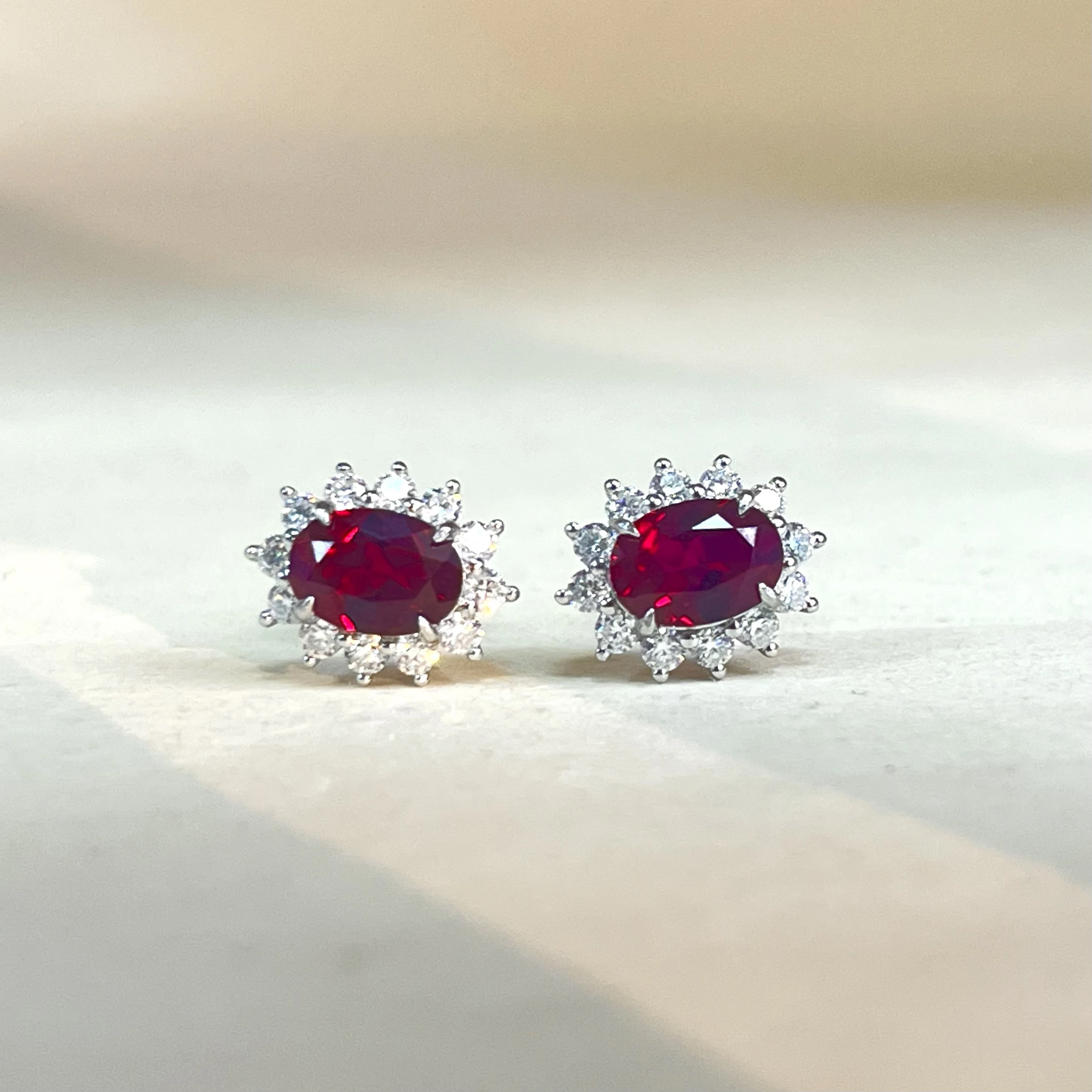 

S925 sterling silver, 2.4 carats, cultured ruby stud earrings, Diana-style earrings, pigeon’s blood red studs for women.