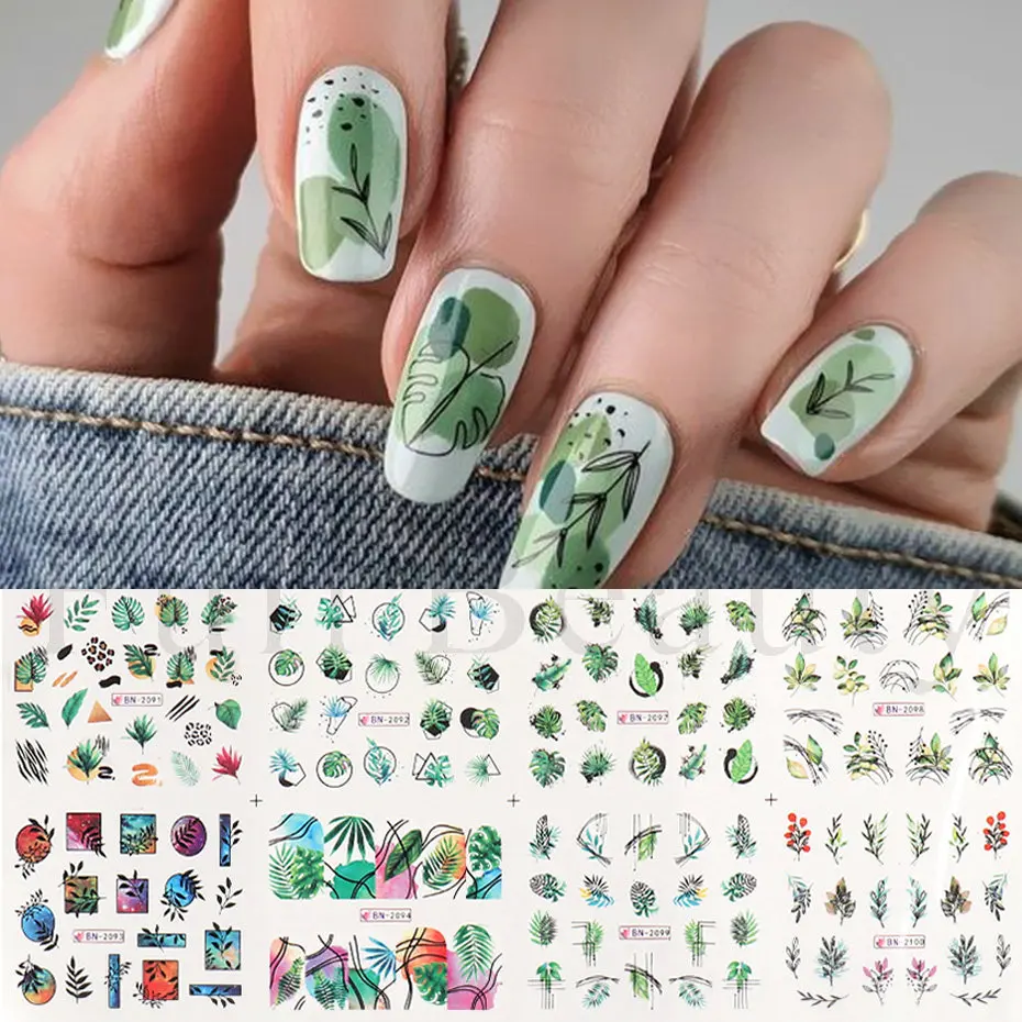 12pcs Green Leaf Nail Stickers Manicure Slider Spring Flower Tropical Plant Leopard Graffiti Decal Nail Decoration NLBN2089-2100