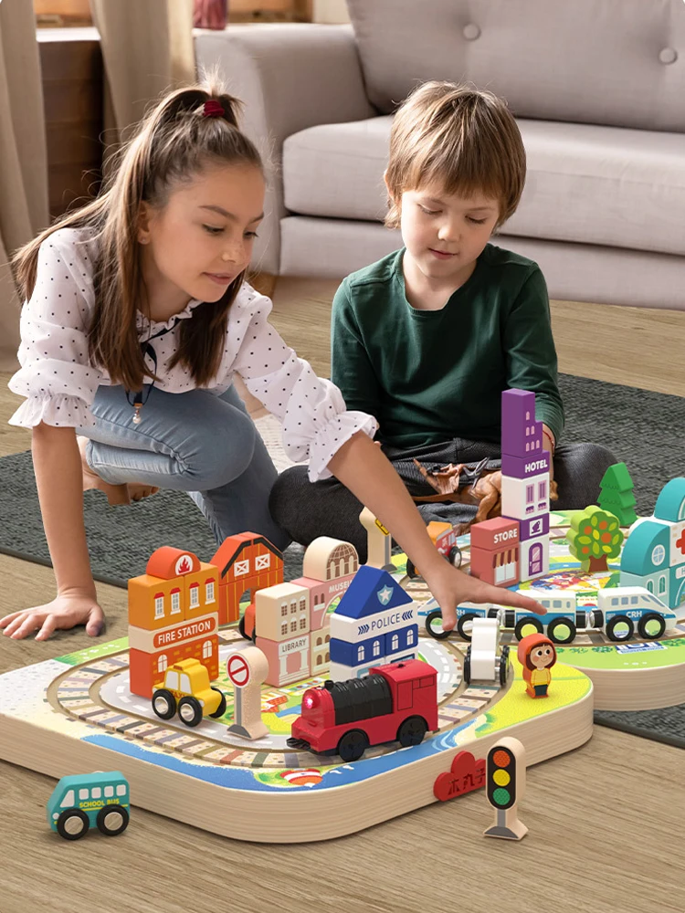 مجموعة ألعاب تجميع السكك الحديدية الخشبية للسيارة ذات الطابع الحضري، قاطرة كهربائية مغناطيسية، لعبة ألغاز ذاتية الصنع للأطفال، XT173
