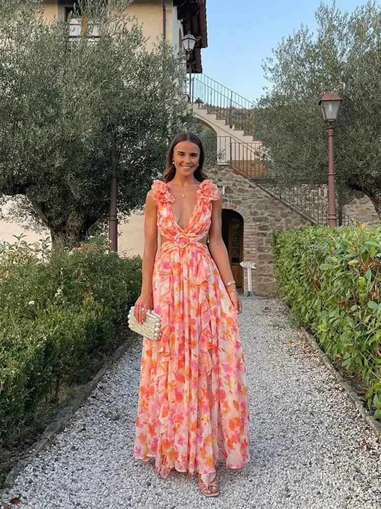 Sommer Frauen Blumen gedruckt rücken frei aushöhlen langes Kleid elegante V-Ausschnitt Falten kleider 2024 Dame Strand urlaub Vestidos
