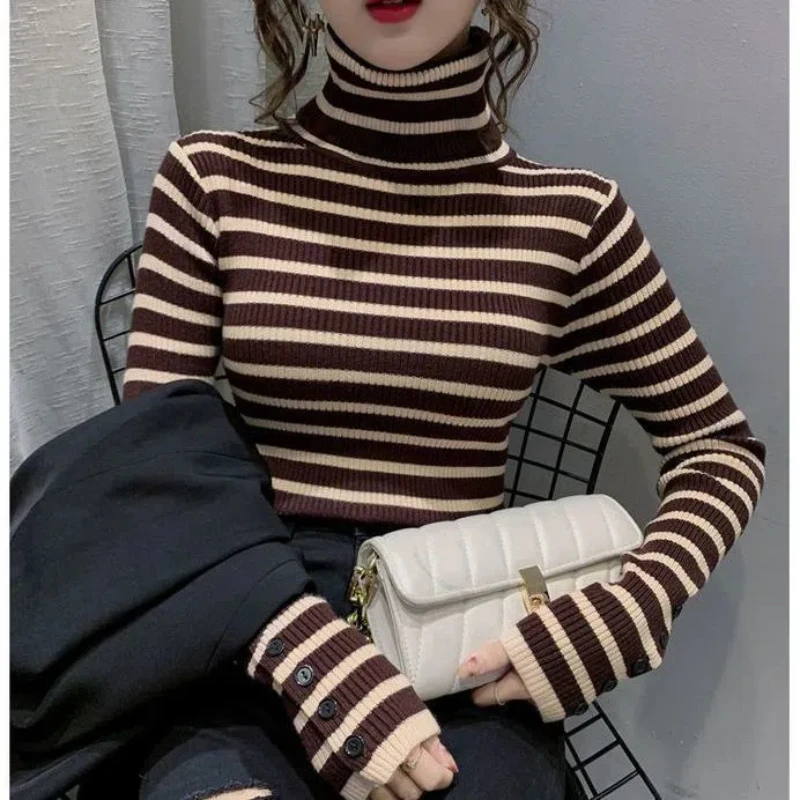 High Neck Knitted Sweater with Striped Base Women's Stylish Interior New Fashionable Soft and Sticky Sweater Top