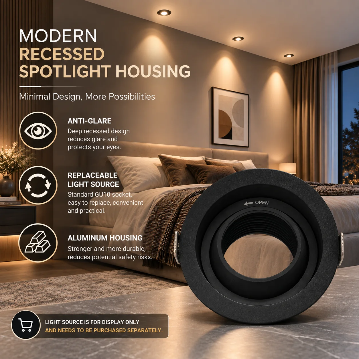 GU10 MR16 Recessed Downlight Frame 75mm Cutout Deep Anti Glare Aluminum Spotlight Housing Replaceable Bulb Holder Ceiling Light