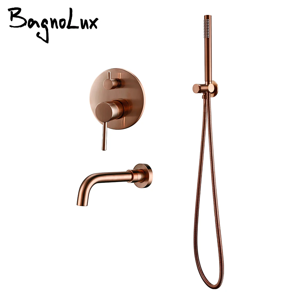 Brushed Rose Gold Wall Mounted Bathroom Shower Faucet Hot Cold Water Mixer Brass Handheld & Spout Tap